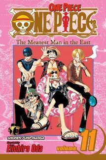 Cover of One Piece volume 11. The hang are hanging around a large pink chair, which Nami is sitting in.