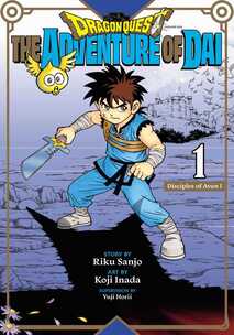 Cover of Dragon Quest: The Adventures of Dai volume 1. Dai stands at the ready in his blue outfit with his sword drawn. His friend, Gomechan the Golden Metal Slime, is flying above his head. 