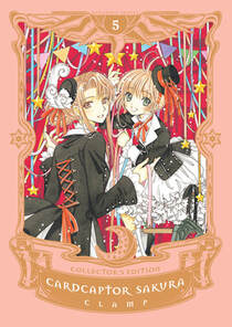 Cover of Cardcaptor Sakura volume five. Mizuki-sensei and Sakura are hugging loosely, and they have. matching outfits. Both have a black jacket over top of a white, very frilly, very puffy skirt. They both have small black top hats on their heads.