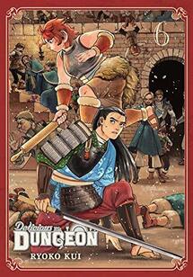 Cove of Delicious in Dungeon volume 6. Namari and Shuro are engaged in battle with other creatures behind them. Namari has a rolling pin in her hand while Shuro still has a sword.