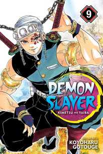 Cover of Demon Slayer vol 9. Uzui, the Sound Hashira, is almost kneeling. His swords are on his back and one muscular arm is about to unsheathe on sword. He has a red mark across one of his eyes and a silver headband just above his brow ridge. His silver hair is pulled back above his headband. He's wearing gold cuffs on his arms. 