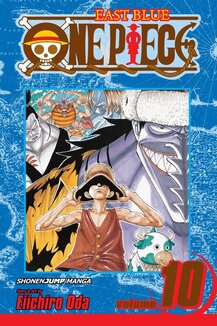 Cover of One Piece volume 10. Luffy holds onto his hat and and looks very serious. Arlong is grimacing behind him.