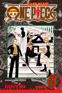 Cover of One Piece vol 6. The crew is lounging on a white grand staircase and they're in black formalwear. There's a black cat on the landing with them. Luffy is still wearing his signature hat.