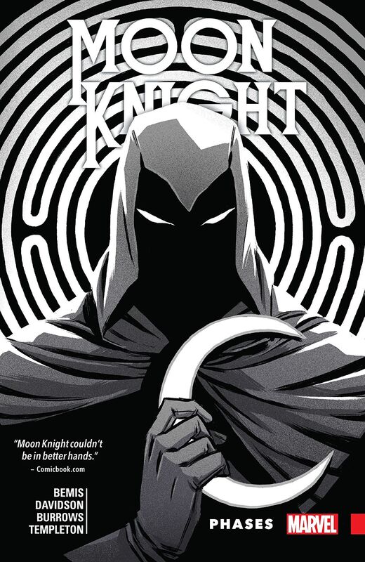 Cover of Moon Knight vol 2 by Ma Bemis. Moon knight's glowing white eyes are slits underneath his white cowl. He's holding one of his moon boomerangs. Behind him is what looks to be a maze.