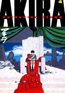Cover of Akira volume 4, where Akira, a young boy, sits on a broken stone throne, draped in a red rape that extends down the staircase in front of him.