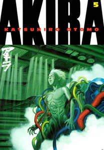 Cover of Akira vol 4 by Katsuhiro Otomo. Tetsuo emerges from machinery, covered in cords and machine bits, and almost looks like he is an extension of the machine itself.