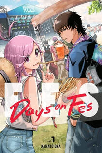 Cover of Day on Fes volume 1. Kanade and Ritsuru are walking towards the gate of a music festival. Kanade has pink hair and is wearing a white shirt with blue jean shorts. Ritsuru is wearing a dark blue shirt with blue jeans.