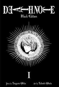 Cover of Deathnote volume 1. It is mostly black with a stylized circle surrounding Light's portrait.