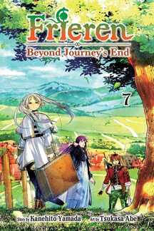 Cover of Frieren: Beyond Journey's End volume 7. Frieren carries her suitecase up the hill while Fern and Stark are behind her. Behind them is a tree with its leave stretching above them, and in the distance is a village surrounded by farm land and hills with snowy mountains past that.