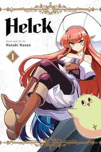 Cover of Helck volume 1. Lady Vermillion is sitting in a chair with her legs crossed. She's wearing long brown boots, a white tunic, and a large white hat on her long, flowing red hair. There are a few demons around her. She's crossing her arms and looking slightly annoyed.