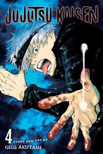 Cover of Jujutsu Kaisen volume 4. A sorcerer has his outstretched hand with palm facing us, and his fingertips are blood-stained. 