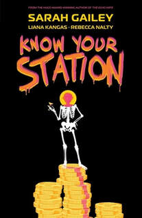 Cover of Know your Station. A skeleton stands atop a pile of gold coins. It's holding a martini glass in one hand, the other hand is perched on its hip bone. There is a space helmet around its skull.