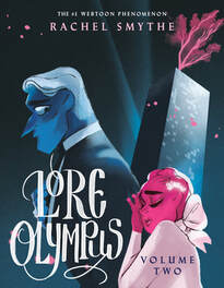 Cover of Lore Olympus volume 2. Hades in a dark blue suit is walking towards the left. Persephone, in a light pink dress, leans against his back and looks distressed. Hades is sort of looking over his shoulder at her. Behind them is the tower of The Underworld Corporation with a pink tree growing out of the top corner.