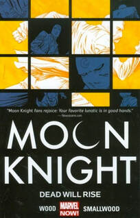 Cover of Moon Knight (14) volume 2. There are several squares, alternating blue and white, with pictures in them. The blue have Moon Knight in various poses, but the yellow are sort of in the background and are of Moon Knight running.