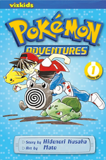 Cover of Pokemon adventures volume one. Red, the trainer, is running across the cover. he has a red jacket, black shirt, and blue pants on, with a red cap. Pikachu, a small yellow pokemon, is flying ahead of him, while a few other pokemon are running with him.