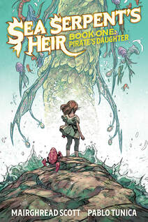 Cover of Sea Serpent's Heir volume one. Aella looks off a rock into the ocean where a giant sea serpant is rising from the water