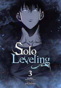 Cover of Solo leveling volume 3. Jinwoo looks down at us with glowing, blue eyes.