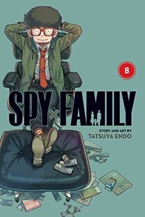 Cover of Spy x Family volume 8. Franklin is sitting on a comfy office shair with his feet on an ottoman. Around him are some papers money, and other trinkets. He's wearing a green suit jacket, grey pants, a red tie, and green button-up shirt.