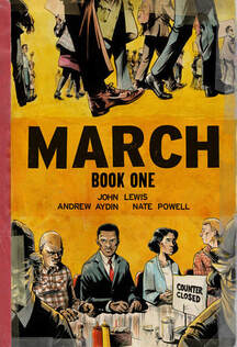Cover of March book one. On the top are many people walking in one direction, presumably a march. On the bottom, John Lewis and others are seated at acounter during one of the Sit-Ins