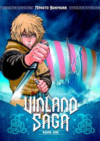 Cover of Vinland Saga volume 1. Thorfinn stands in front of a Vikin ship holding out a knife and looking deadly at us