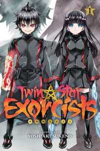 Cover of win Star Exorcists: Onmyoji Volume 1. Rokuro and Benio stand next to each other in their exorcism gear, which is dark black with red accents.