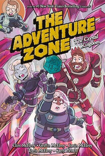Cover of The Adventure Zone volume 4. The three heroes have their space suits on, and Merle has one hand oustretched towards a D-20. There is pink crystal all around them