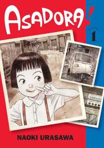 Cover of Asadora volume 1. There are several black-and-white photos, including one of Asa with her tongue out playfully.