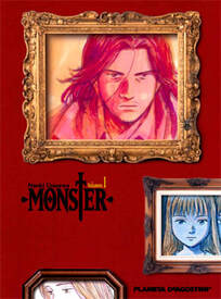 Cover of Monster volume 1. There are several picture frames on a wall, and inside the pictures are some of our main characters, including Tenma looking a little worse for wear.