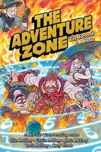 Cover of The Adventure Zone volume 5. The three adventurers are surrounded by a glowing blue clock face. Outside of the clock face is glowing orange flames.