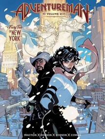 Cover of Adventureman Volume 2. Claire and Chris are standing next to each other in action poses. Claire looks ready to fight, Chris has his gun drawn. Behind them is a ghost cowboy on a horse, and the Adventureman tower.