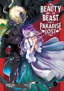 Cover of Beauty and the Beast of Paradise Lost volume 2. Cyril stands over Belle with his black tunic and pants, purple face with tons of exposed teeth, and his glowing red eyes. Belle looks up at him as he stands behind her, and she's clutching her hands to her breast. Her purple hair is flowing around her, and she's wearing a green dress with white flowing apron.