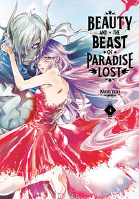 Cover of Beauty and the Beast of Paradise Lost volume 4. Belle is clinging to Beast with her arms around his neck. She is in a bright red dres. He is in his blue suit. They are both looking at us. She is sad while the Beast looks like he is about to fight someone.