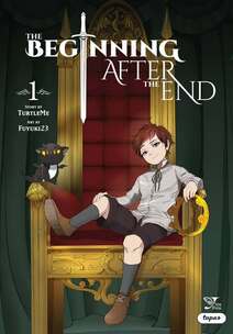 The Beginning After the End volume 1. Art sits on a throne holding a crown in his hand. On the other arm is a small cat with tiny bat wings. The chair is gold with red cushions.