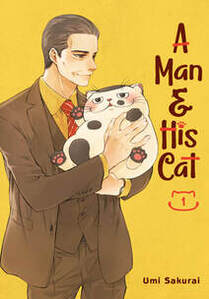 Cover of A man and his cat volume 1. Kanda is in a brown suit with a red tie, and he is holding his new cat, who is quite large and fluffy. He is mostly white with a brown spot on his head and brown paws. The cat is smiling up at Kanda. The rest of the cover behind them is yellow.
