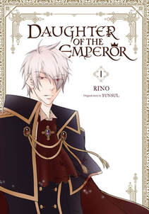Cover of Daughter of the Emperor volume 1. The emperor is looking at us with judgment in his eyes. His silver hair flows around his face and sticks up a bit. He's wearing a dark black cloak over a dark maroon tunic. There's gold trim on his cloak and gold buttons on his vest.