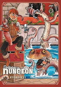 Cover of Delicious in Dungeon volume 3. Chilchuck sits on a treasure chest while the rest of the party takes on a tentacle monster in a lake behind him.