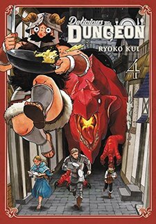 Cover of Delicious in Dungeon volume 4. Senshi is running down a hall away from a Red Dragon holding his shield that has some rice sloshing out of it. The rest of the party is trailing behind him but in front of the Red dragon.