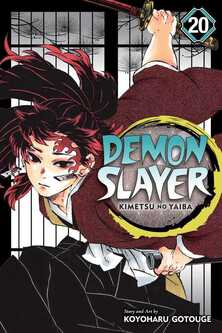 Cover of Demon Slayer volume 20. Yoriichi is holding a katana in one hand and has sliced upwards from his scabbard. He's wearing a scarlet top and has a deep red mark on his forehead. 