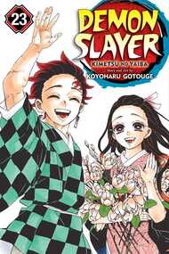 Cover of Demon Slayer volume 23. Tanjiro and Nezuko are smiling and waiving at us. Tanjiro is in his signature teal and black checkered yukata, while Nezuko is in her signature pink yukata. She's holding a bouquet of pink tulips in her arms.