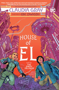 Cover of House of El volume 2. Sera and Jahn are running towards the middle of the frame with Kryptonian buildings behind them. The sky is a dark orange like a sunset.