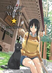 Cover of Flying Witch volume 1. Makoto and her cat sit on the front porch of a house. She has a yellow sweater on.