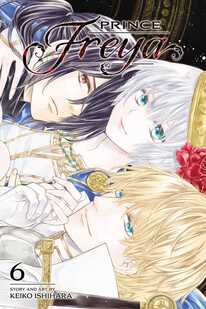 Cover of Prince Freya volume 6. Freya is sandwiched between Alec and Julius.