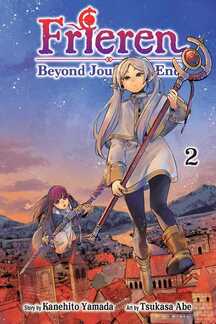 Cover of Frieren vol 2 by Kanehito Yamada. Frieren holds her staff and stands at the top of a tall building overlooking a town. Behind her, her apprentice Fern crouches. It is sunset.