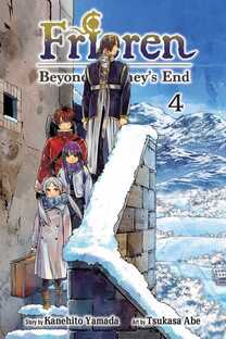 Cover of Frieren: Beyond Journey's End volume 4. The party is walking down a stone staircase with snowy mountains in the distance and snow all over the banister next to them. Frieren is in front in her fur-lined coat, carrying her suitcase. Behind her is Fern, also in a fur-lined jacket. Next is Stark with a bright red jacket on. At the rear is Sein, the priest, in his priest robes, looking off towards the mountains.