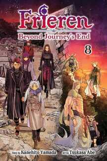 Cover of Frieren: Beyond Journey's End volume 8. Frieren and her party, along with many others, are standing on the ruins of a castle. Several demons are to their left floating in midair. It is twilight with a purple and red sunset behind them.