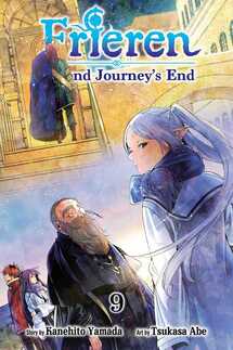 Cover of Frieren: Beyond journey's end volume 9. Frieren, Denken, Stark, and Fern are in the City of Gold with Macht above them.