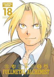 Fullmetal Edition volume 18. Edward, who looks a little older, is staring at us with his golden eyes. His blonde bangs still frame his face, while the length is in a ponytail instead of his signature braid. He's in a tan suit with a white button-down shirt. He's smiling slightly, like he's satisfied.