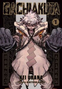cover of Gachiakuta vol 1. Rudo is in his large suit with oversized black gloves and chains are slung over him. His eyes are downcast but it's clear he is mad.