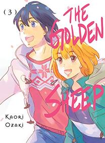 Cover of The Golden Sheep volume 3. Tsugu and Sora are both smiling and have their coats and sweaters on, both with bright colors. Tsugu has a bright green puffy jacket with a blue and white striped sweater. Her golden hair is flowing in the wind. Sora has a white coat and a red sweater on. Both are staring at something in the distance that is making them smile and laugh.