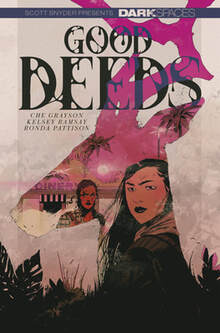 Cover of Dark Spaces: Good deeds. In the outline of a supernatural deer are Cheyenne and Rebecca with a purple and pink sunset over the beach of St. Augustine, Florida.